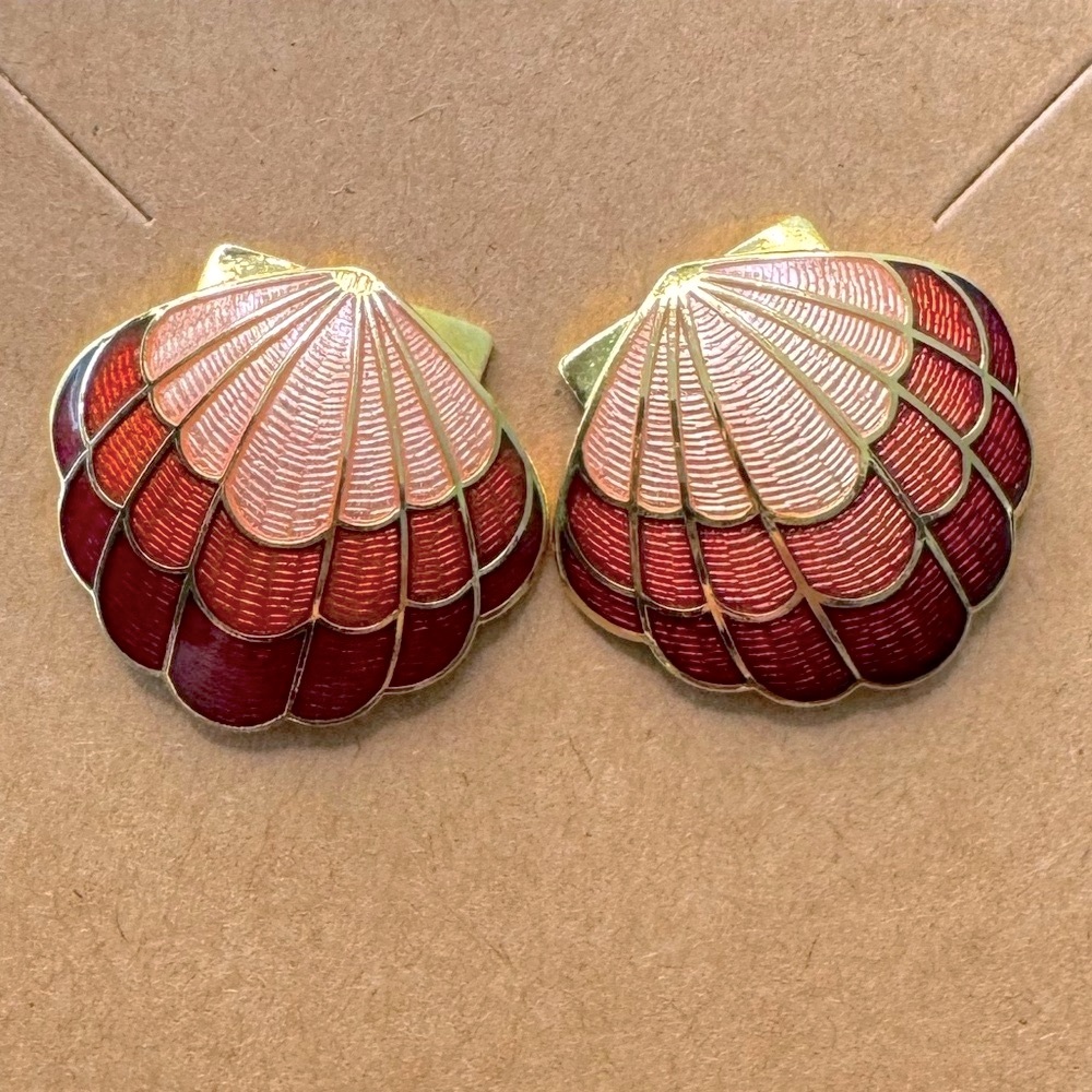 Cloisonné Gold and Red Shell Earrings